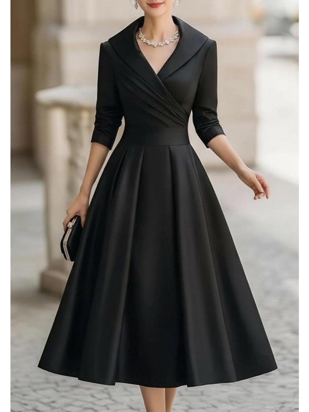 Women's Black Wrap Long Sleeve V-Neck Silky Casual Elegant Midi Church Dress - Picture 4 of 5